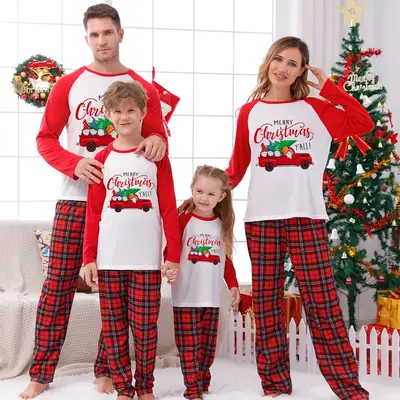 Tianming Christmas Pajama Set Red Plaid Parent-Child Suit