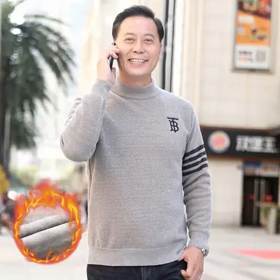 Men Fleece Lined Middle-aged Sweater with Knitted Bottom