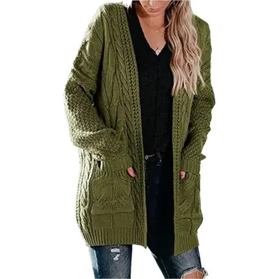 Women's Green Twist Knitted Mid-Length Jacket with Pocket