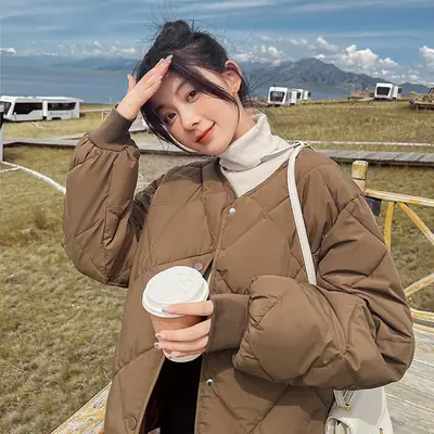 Women's Brown Collarless Puffer Coat Winter Autumn Lightweight Cotton