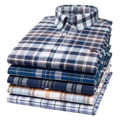 Men's Blue Plaid Cotton Oxford Shirt Long Sleeve