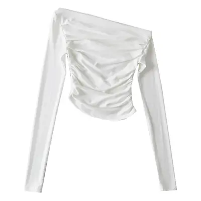 White Asymmetric Slant Collar Long Sleeve Top for Women