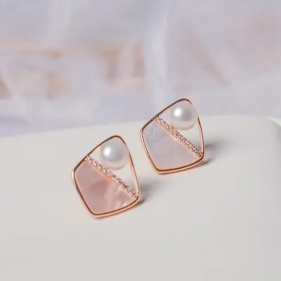 French Style Pearl Earrings Small Chanel Inspired Geometric Rhombus Stud Earrings
