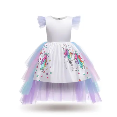2020 Unicorn Dress Girls Rainbow Cake Dress Mesh Removable Cloak Halloween Foreign Trade