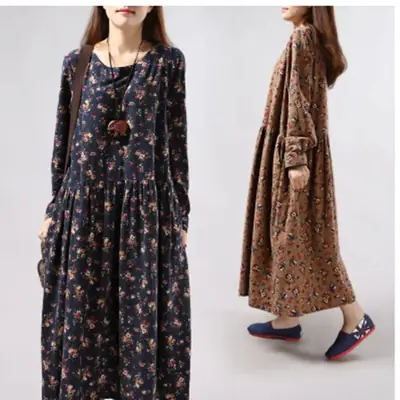 2024 Women's Floral Long Dress Large Cotton Linen