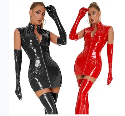 Glossy Leather Bodysuit Plus Size Red Black