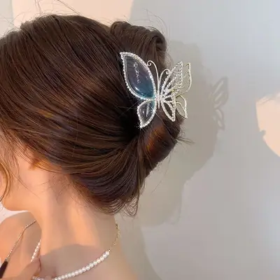 Full Diamond Amber Blue Butterfly Hairpin Clip Women Medium Summer High-grade Back Head Shark Clip Disc Hair Headwear