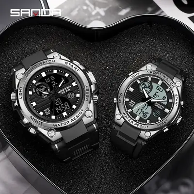Sanda's Dual Display Sports Watch with Green Digital Display