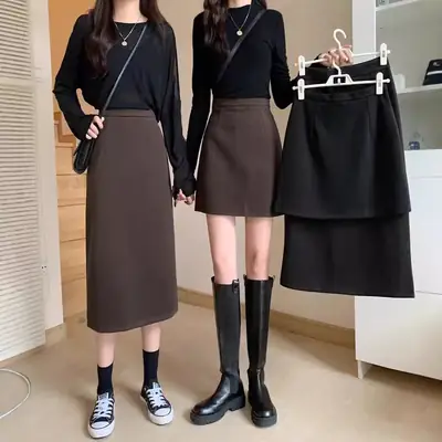 Black Woolen Hip Skirt Mid Length Slim Fit Women