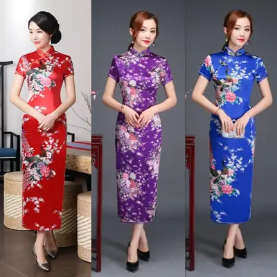 Pink Floral Long Cheongsam Dress for Women 2022