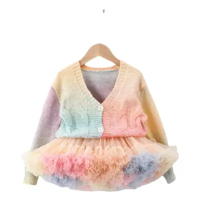 Girls Rainbow Knitted Cardigan with Turquoise Tulle Skirt