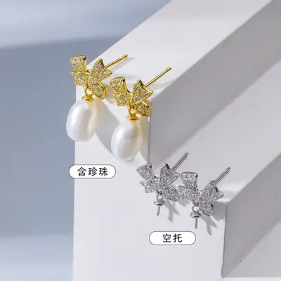 2022 New Popular Micro-inlaid Zircon Bow Freshwater Pearl Earrings Women's