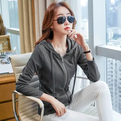Women Blue Zipper Hoodie Long Sleeve T-Shirt
