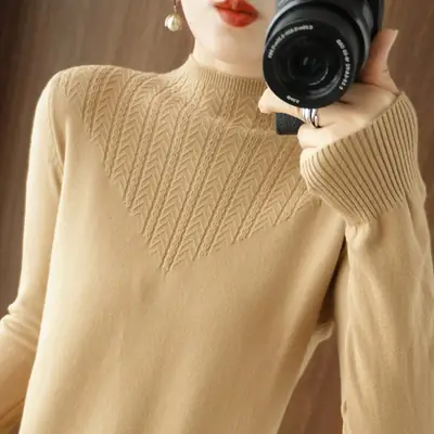 Women's New Knitted Half Turtleneck Top Beige