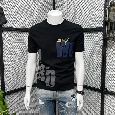 Men Black Graphic T-Shirt Slim Fit Round Neck Summer Casual