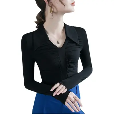 Black Pleated Long Sleeve Western Top for Women