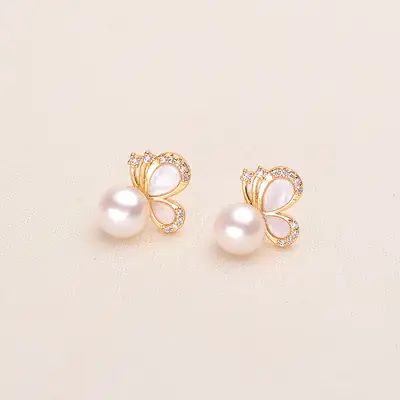 Butterfly Pearl Earrings 7-8mm Gold Plated