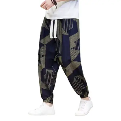 Men's Vintage Printed Leg Tether Pants Blue Black
