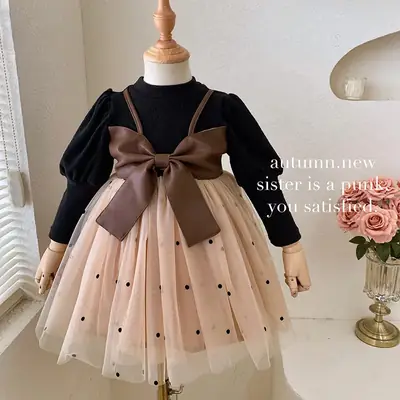Girls Dress Spring and Autumn 2024 New Style Children's Fake Two-Piece Long-Sleeved Puffy Gauze Dress 6375