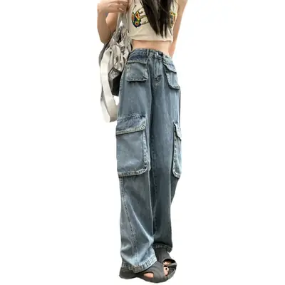 Women's Plus Size Fat Girl Tooling Jeans Loose Casual Straight Pocket Wide Leg Vintage American Style Mop Jeans