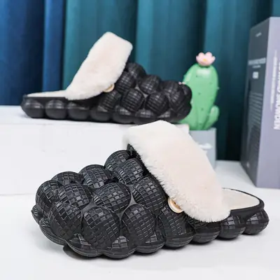 Pink Cotton Fluffy Slippers for Women Winter Casual