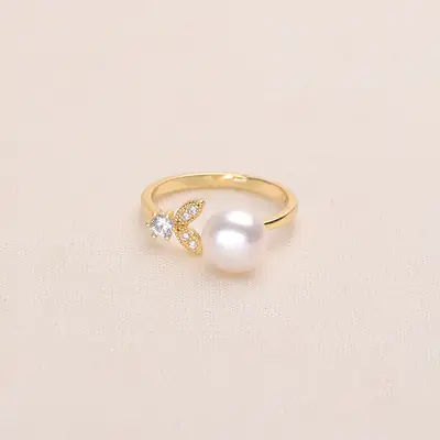 Tilian Pearl Open Leaf Ring Copper Gold Plated 7-8mm