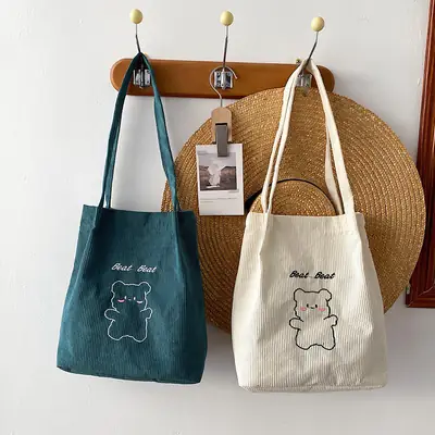 New Corduroy Women's Black Bear Embroidered Shoulder Bag