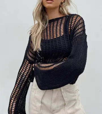 Black Mesh Long Sleeve Sweater for Women