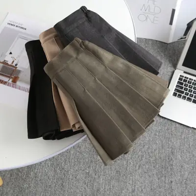 Khaki Pleated Woolen Kids Skirt High Waist Autumn Winter
