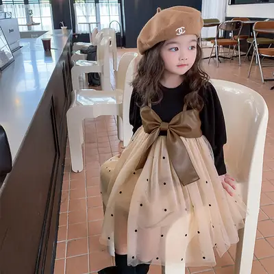 Girls Puffy Gauze Dress with Beanie and Bag Set