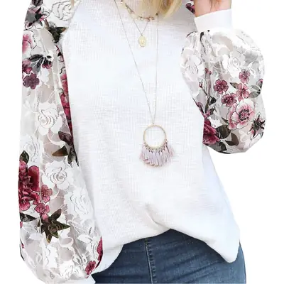 Women's White Lace Long Sleeve T-Shirt Top
