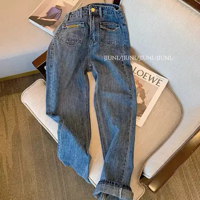 Women Retro Dark Blue Washed Straight Jeans 2024
