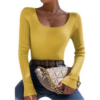 Women Knit Round Neck Slim Pullover Top Orange 2024