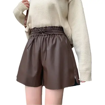 PU Leather High Waist Shorts Women Brown 2023