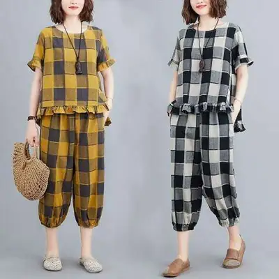 Women Plaid Casual Two-Piece Suit Plus Size Yellow