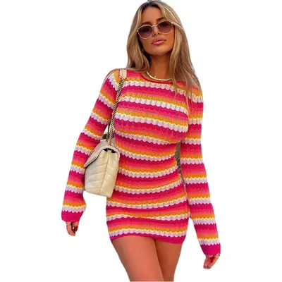 Women's 2023 Striped Long Sleeve Dress Candy Color