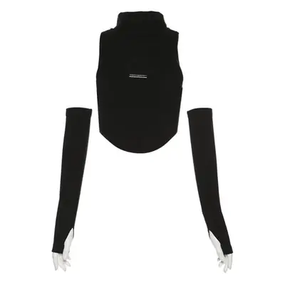 Black Hollow Out Turtleneck Vest with Sleeveless Gloves
