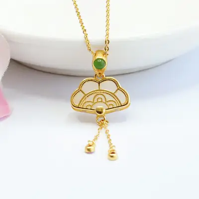 Guan Yu Necklace with Green Jade Pendant White Jade Small Fan