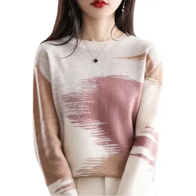 Women's Color Block Round Neck Pullover Sweater