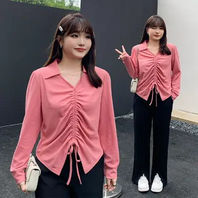 Pink V-Neck Loose Fit Plus Size Shirt