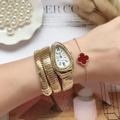 Golden Snake-Shaped Bracelet Watch for Women