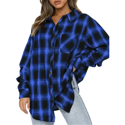 Women's Blue Plaid Long Sleeve Shirt 2023