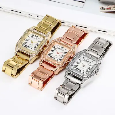 Rose Gold Roman Numeral Women's Watch with Diamond Band