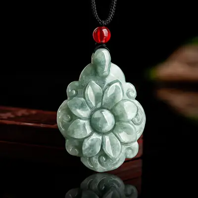 Green Jade Flower Pendant for Men Women Necklace