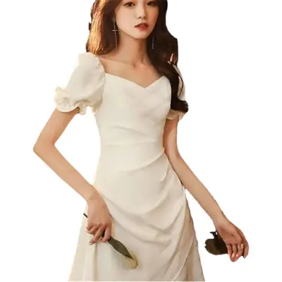 White Slim Fit Square Collar Dress for Women