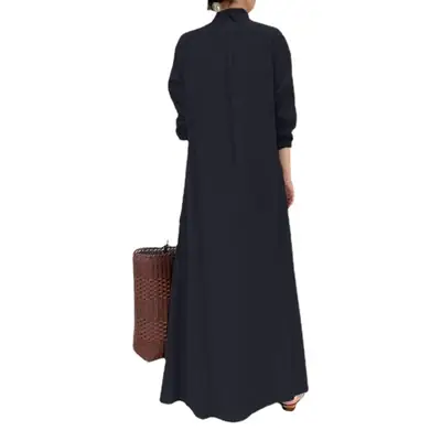 Blue Lapel Long Sleeve Loose Dress for Women