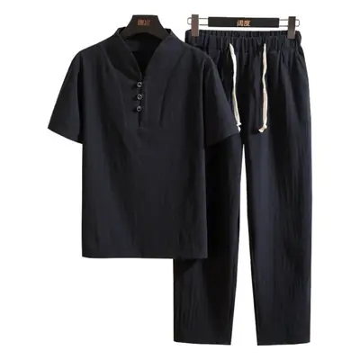 2022 Summer Cotton Linen V Neck T-Shirt Lace-Up Pants Set