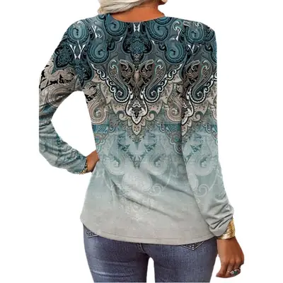 Women's Printed Long Sleeve T-Shirt White Black Floral