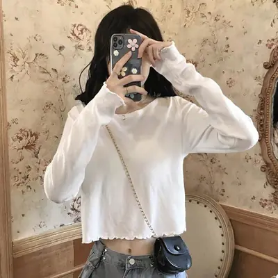 Women Cotton Long Sleeve White Top High Waist 2022
