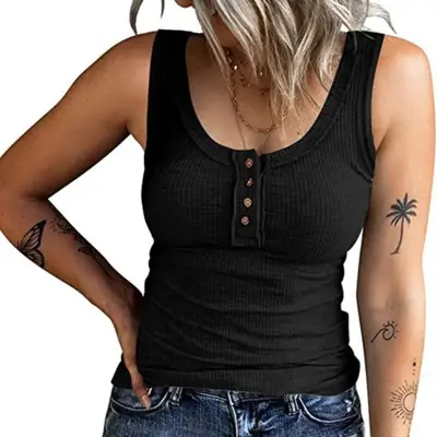 Women Button Vest Black V-Neck Long Sleeve Top